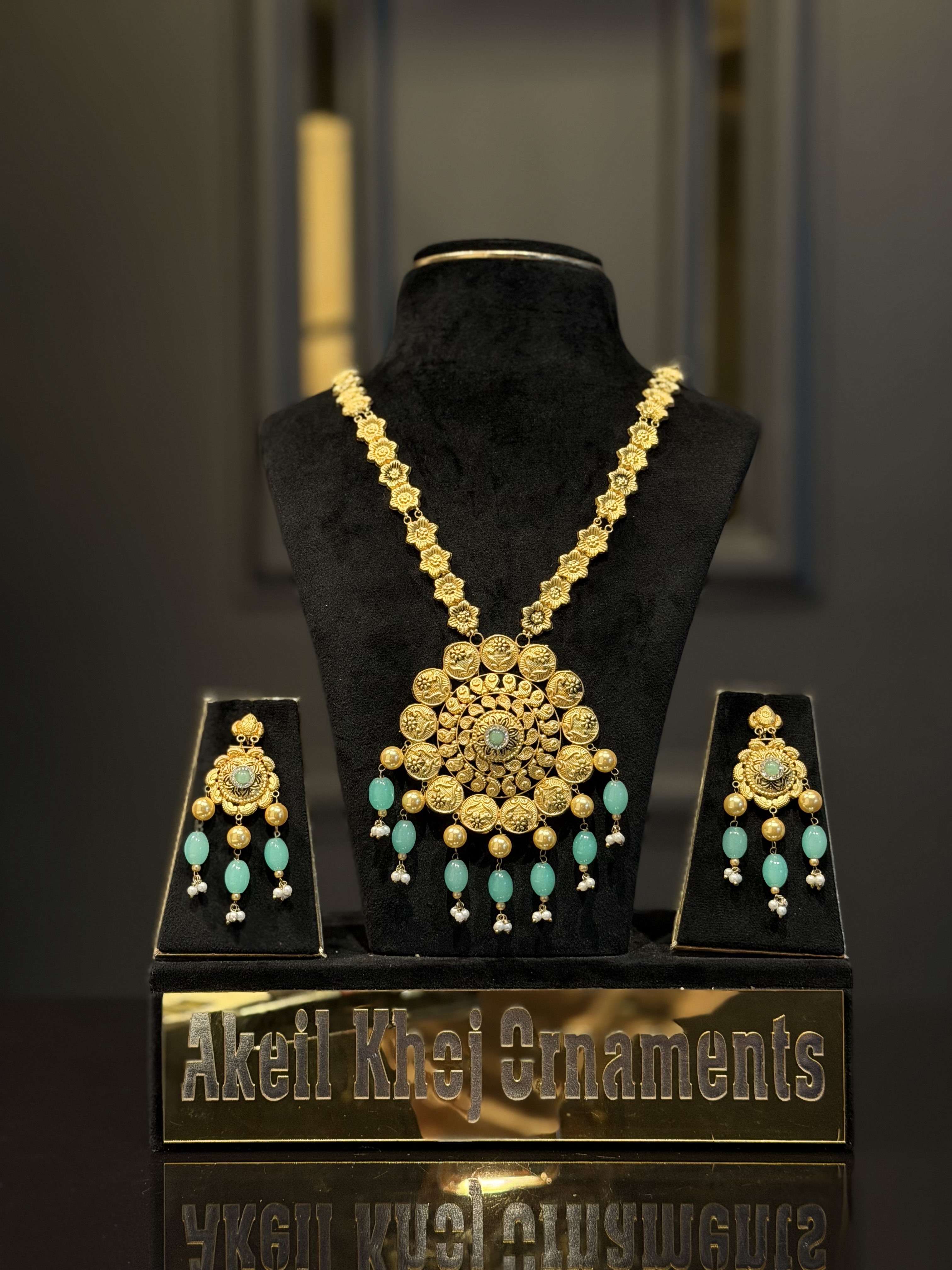Royal Rani Haar Gold Necklace Set with Turquoise Beads - Gold Jewellery Kashmir